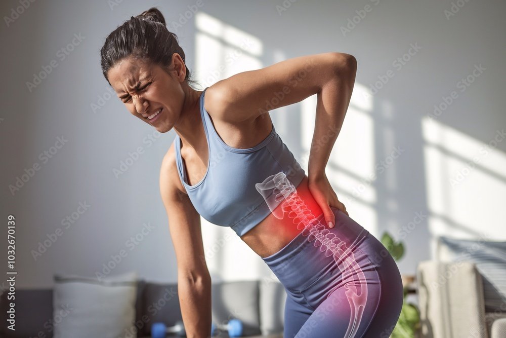Lower Back Pain Relief: Woman experiencing intense lower back pain, highlighted with a transparent overlay of the spine, illustrating the location of discomfort.