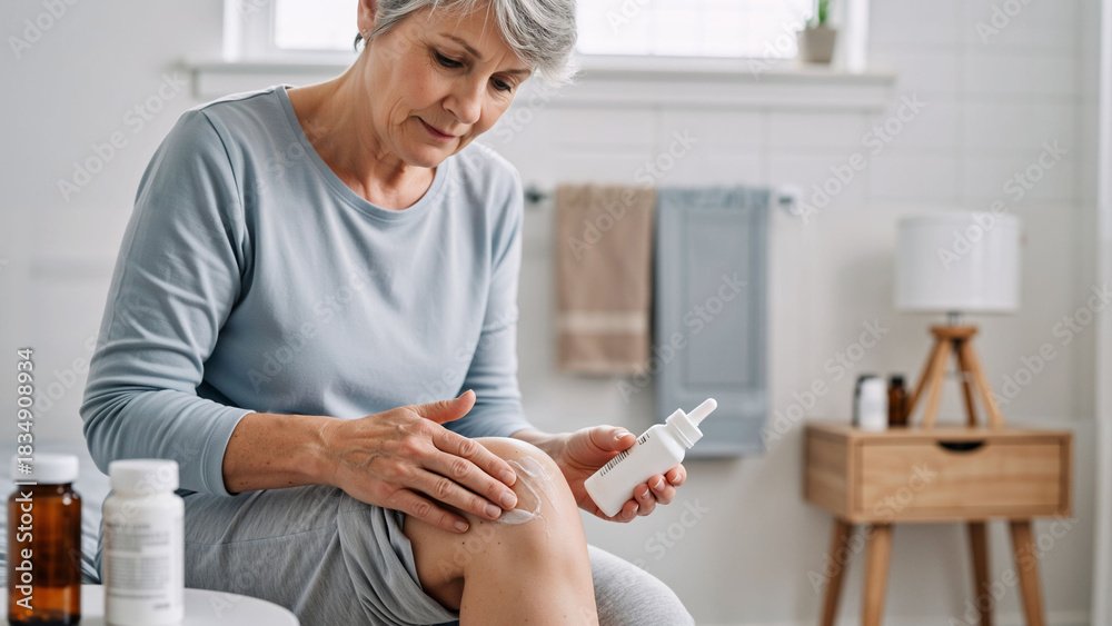 Woman applying cream on her knee. Senior woman uses topical ointment for joint pain or arthritis relief. Elderly healthcare and self-care.